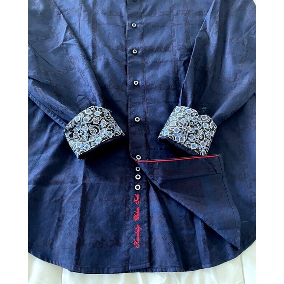 ROBERT GRAHAM Long Sleeve Shirt Dark Blue Paisley Button Front Flip Cuffs Sz M - Picture 3 of 8